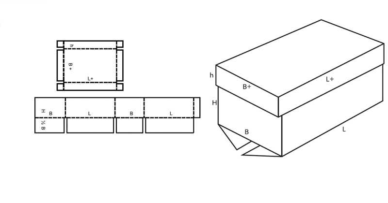 Stuelpschachtel Verpackung FEFCO 0312 mit Boden zum Kleben technische Zeichnung